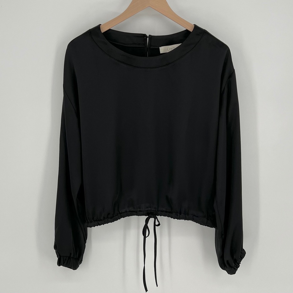 LOFT Womens Satin Long Sleeve Cropped Drawstring Blouse Size M Black Chic Office